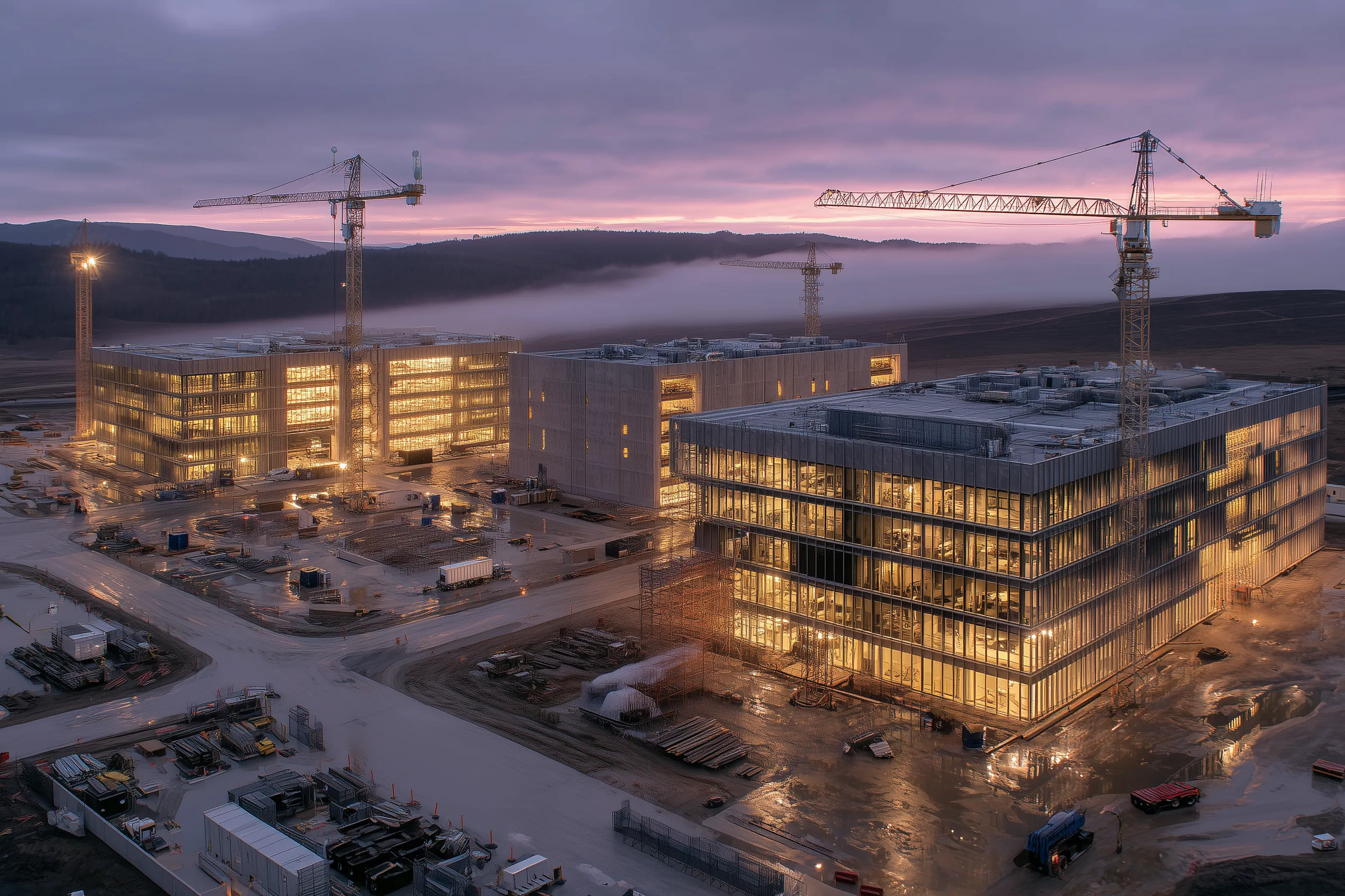 Industrial construction at dusk